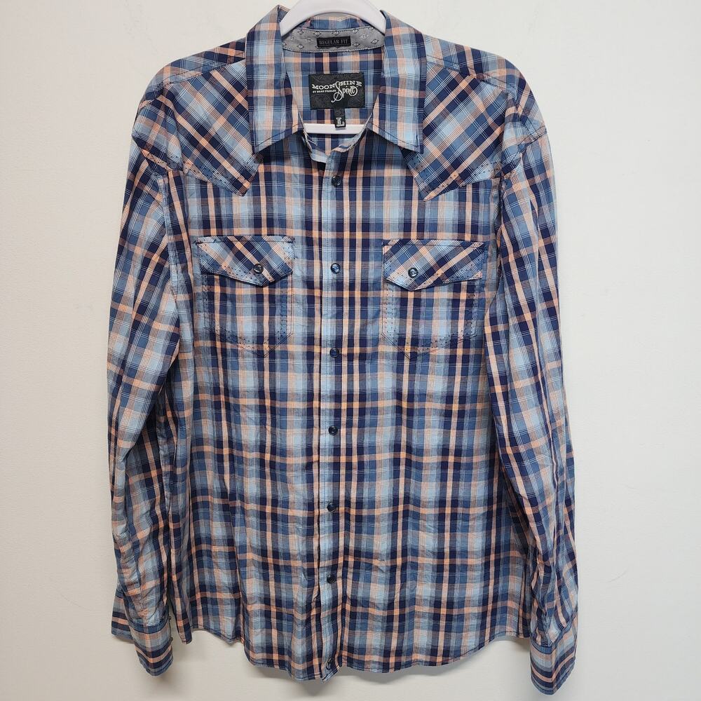 Moonshine Spirit Mens Western Shirt Size L Blue Plaid Pearl Snap Brad Paisley